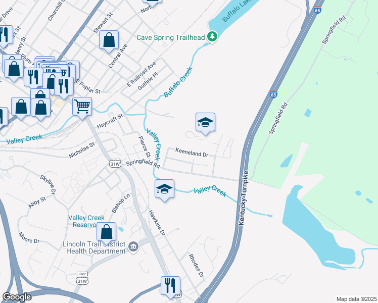 map of restaurants, bars, coffee shops, grocery stores, and more near 100 Keeneland Drive in Elizabethtown