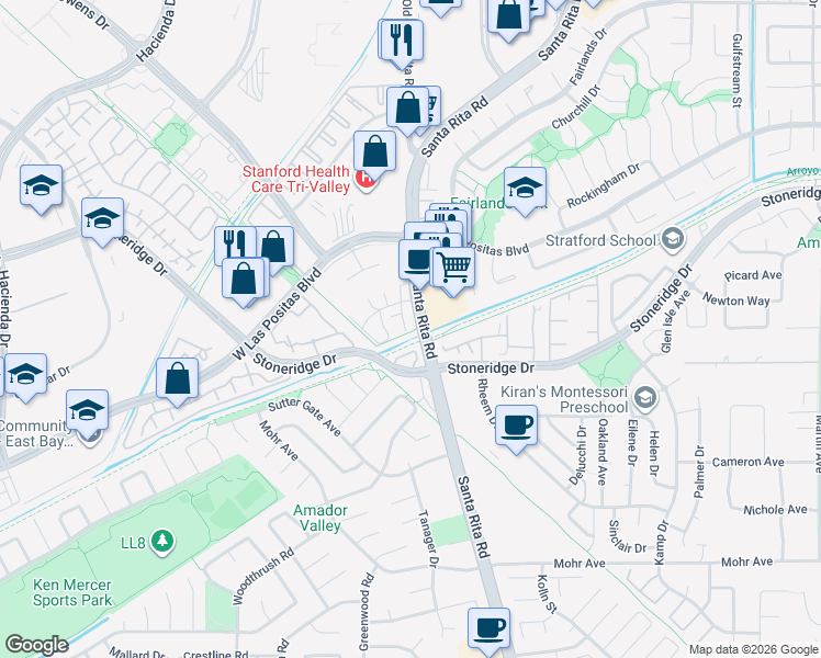 map of restaurants, bars, coffee shops, grocery stores, and more near 3061 Santa Rita Road in Pleasanton