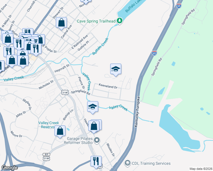 map of restaurants, bars, coffee shops, grocery stores, and more near 100 Keeneland Drive in Elizabethtown