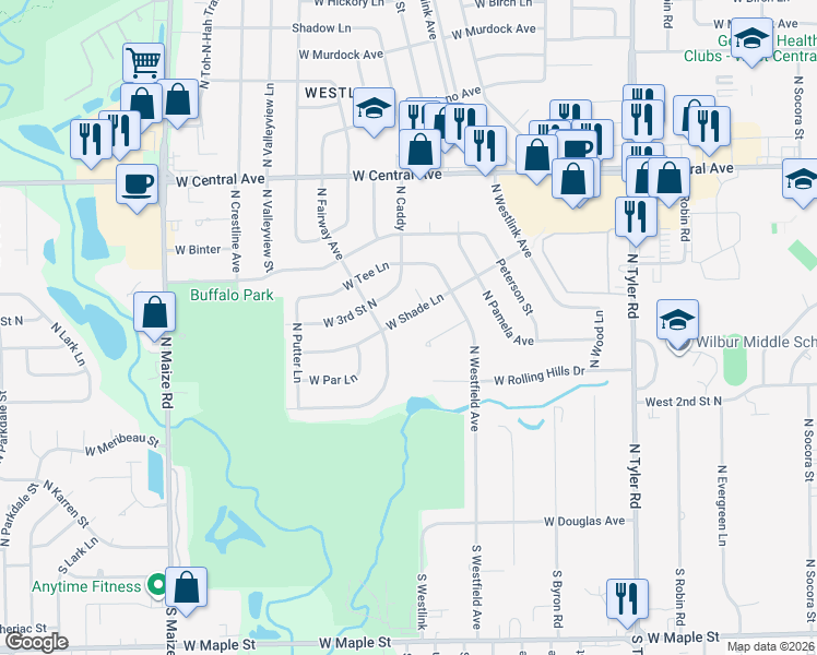 map of restaurants, bars, coffee shops, grocery stores, and more near 9531-9601 West Shade Lane in Wichita