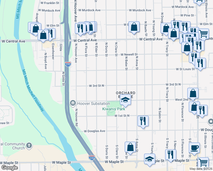 map of restaurants, bars, coffee shops, grocery stores, and more near 5101 West 3rd Street North in Wichita