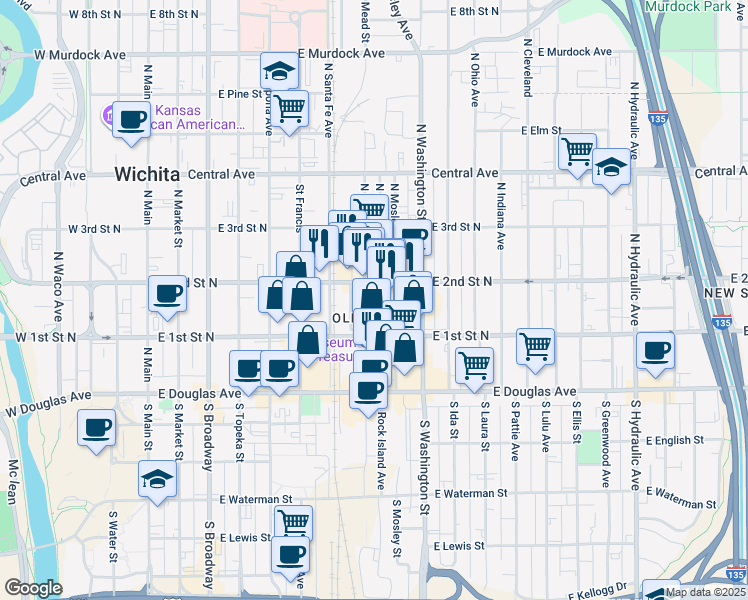 map of restaurants, bars, coffee shops, grocery stores, and more near in Wichita