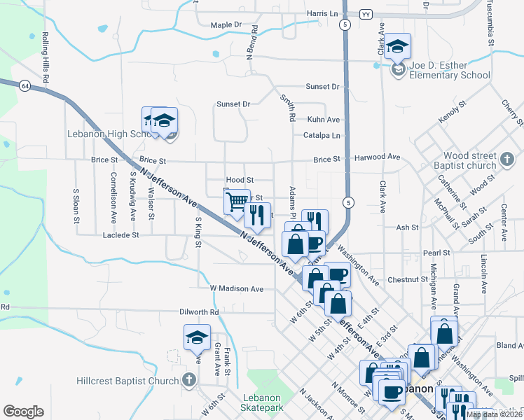 map of restaurants, bars, coffee shops, grocery stores, and more near 435 Curry Street in Lebanon