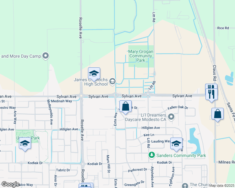 map of restaurants, bars, coffee shops, grocery stores, and more near 3213 Tehama Court in Modesto