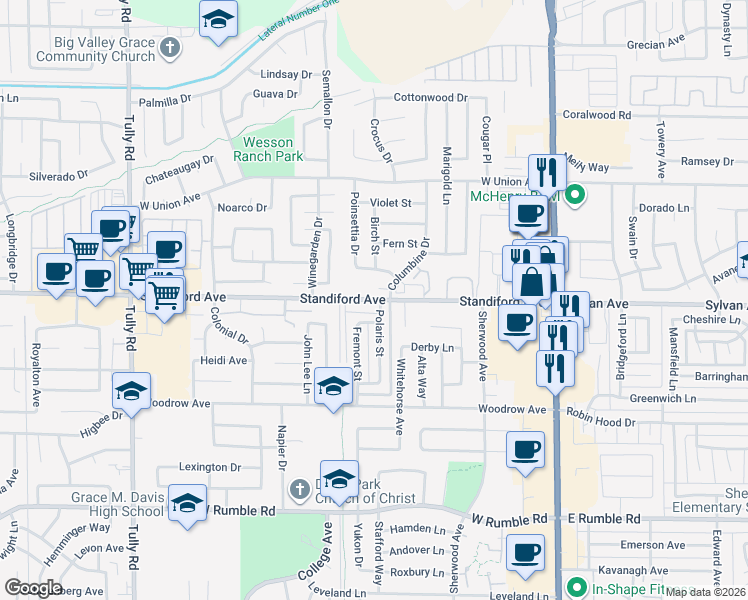 map of restaurants, bars, coffee shops, grocery stores, and more near 3499 Polaris Street in Modesto