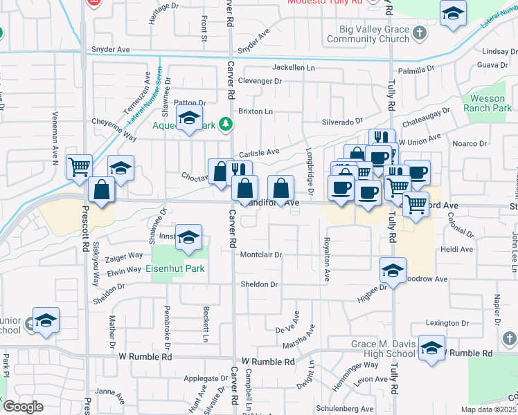 map of restaurants, bars, coffee shops, grocery stores, and more near 1620 Standiford Avenue in Modesto