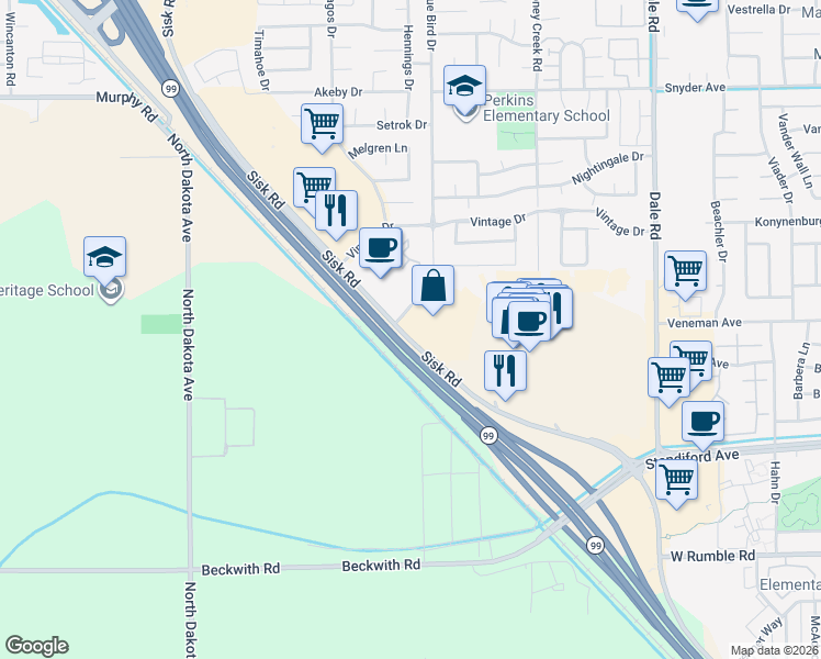 map of restaurants, bars, coffee shops, grocery stores, and more near 3500 Sisk Rd in Modesto