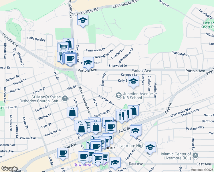 map of restaurants, bars, coffee shops, grocery stores, and more near 628 Morgan Common in Livermore