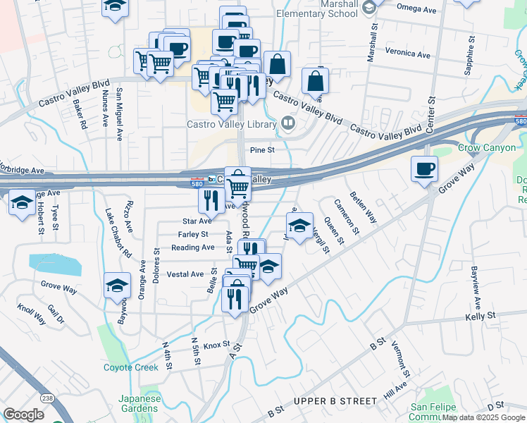 map of restaurants, bars, coffee shops, grocery stores, and more near 2526 Watson Street in Castro Valley