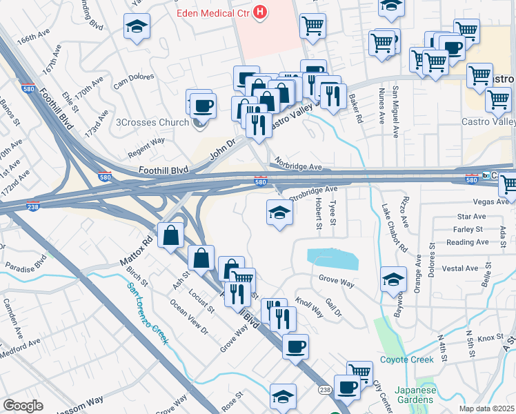 map of restaurants, bars, coffee shops, grocery stores, and more near 21062 Gary Drive in Hayward