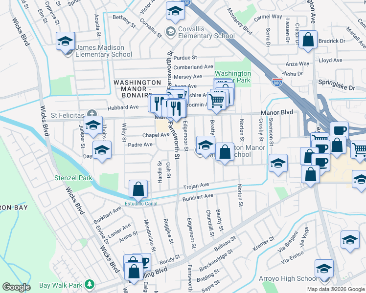 map of restaurants, bars, coffee shops, grocery stores, and more near in San Leandro