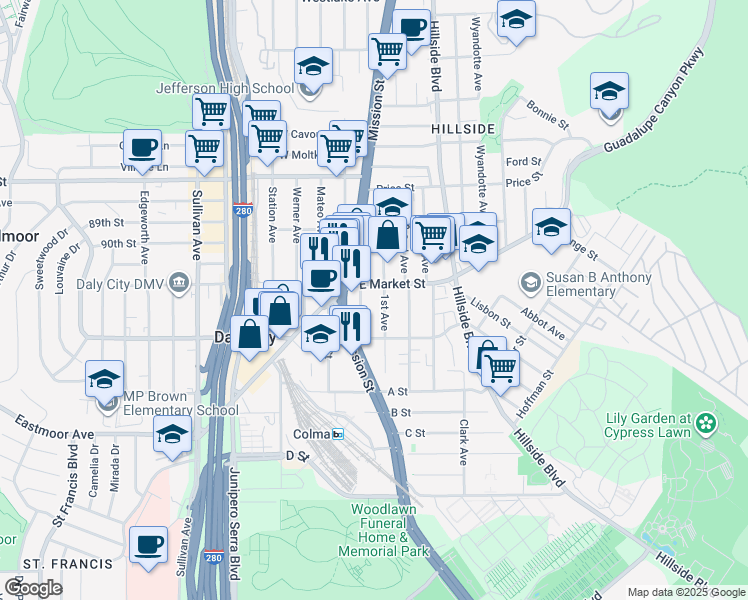 map of restaurants, bars, coffee shops, grocery stores, and more near 220 1st Avenue in Daly City