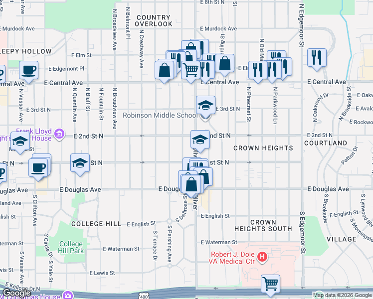 map of restaurants, bars, coffee shops, grocery stores, and more near in Wichita