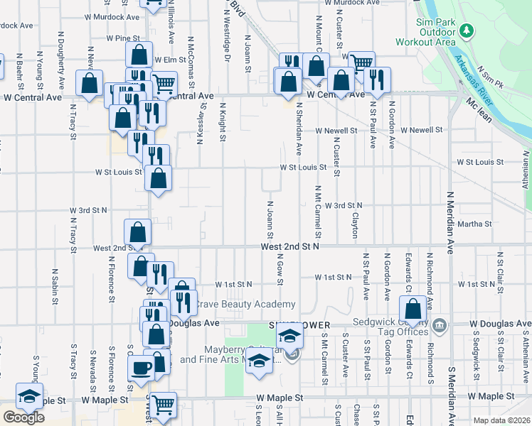 map of restaurants, bars, coffee shops, grocery stores, and more near 344 North High Street in Wichita