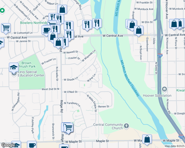 map of restaurants, bars, coffee shops, grocery stores, and more near 6728 West Par Lane in Wichita