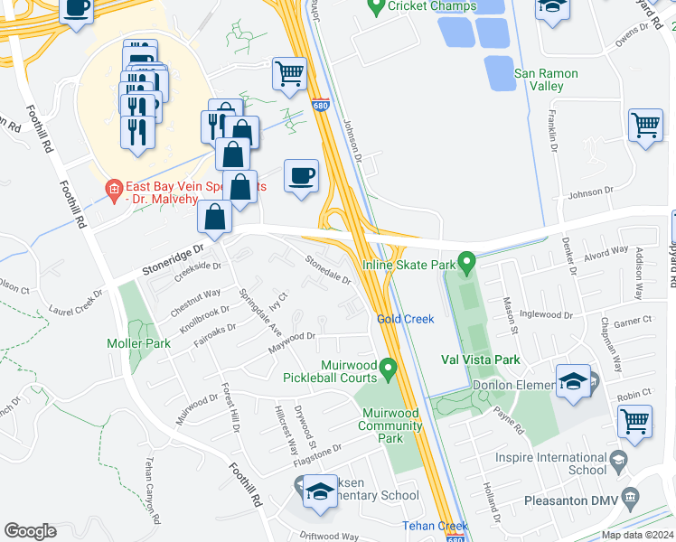 map of restaurants, bars, coffee shops, grocery stores, and more near 7337 Stonedale Drive in Pleasanton