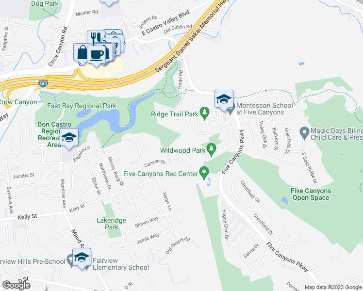map of restaurants, bars, coffee shops, grocery stores, and more near 22550 Canyon Terrace Drive in Castro Valley