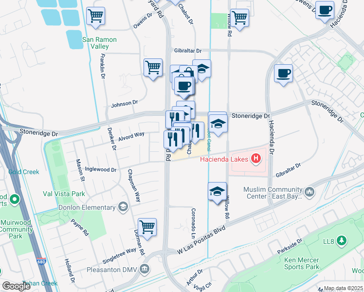 map of restaurants, bars, coffee shops, grocery stores, and more near 4555 Hopyard Road in Pleasanton