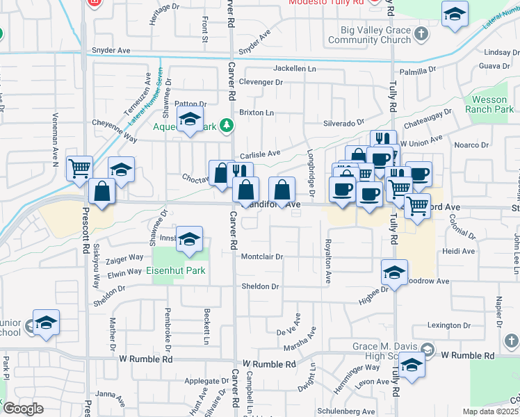 map of restaurants, bars, coffee shops, grocery stores, and more near 1600 Standiford Avenue in Modesto