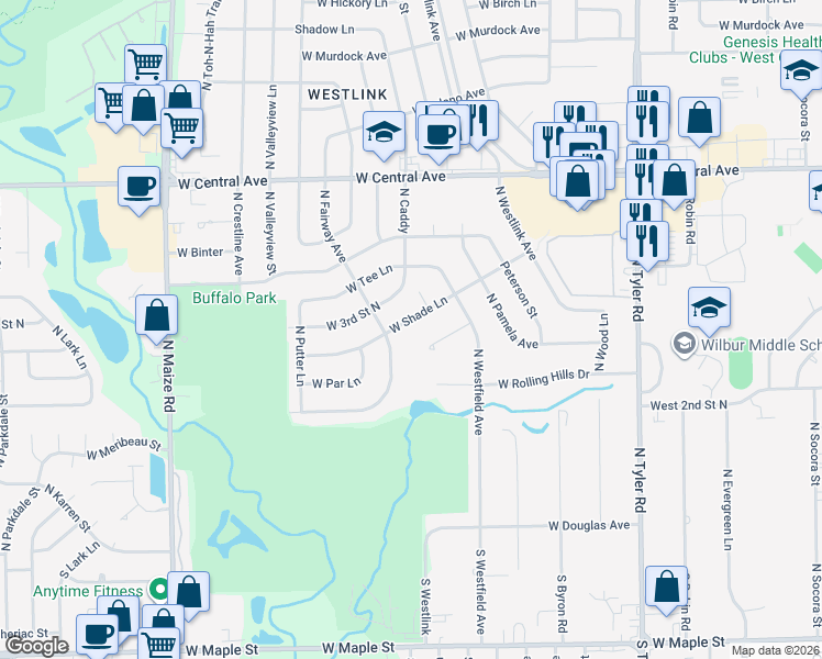 map of restaurants, bars, coffee shops, grocery stores, and more near 9531 West Shade Lane in Wichita