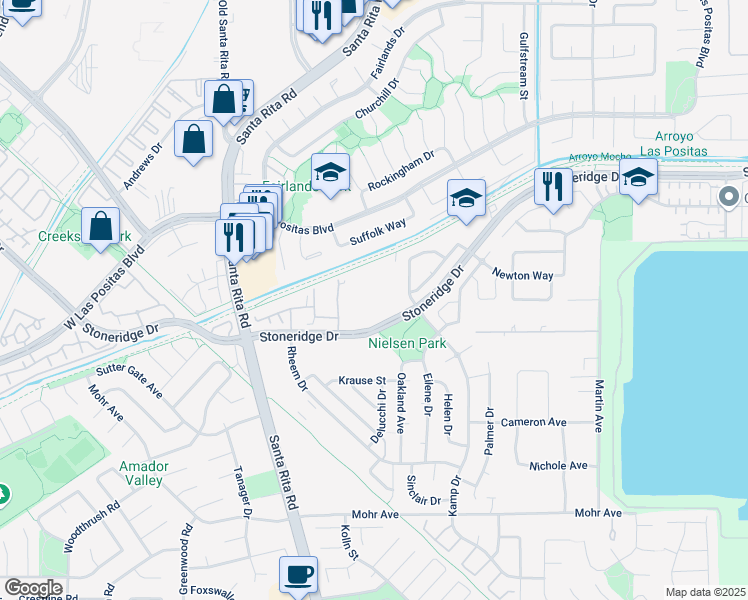 map of restaurants, bars, coffee shops, grocery stores, and more near 3992 Stoneridge Drive in Pleasanton