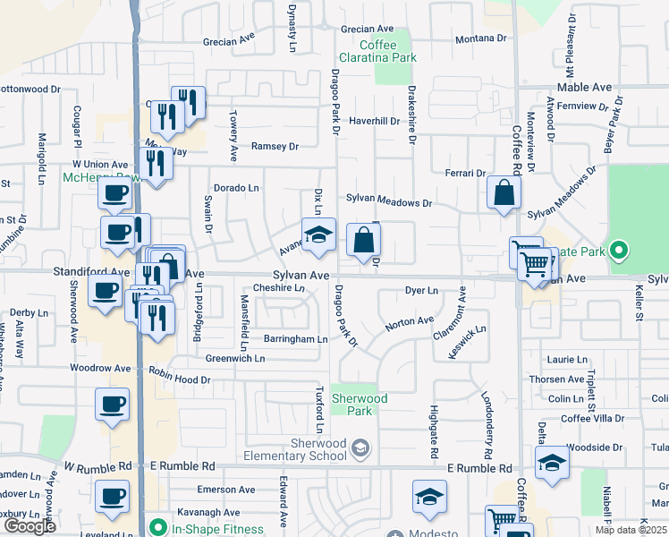 map of restaurants, bars, coffee shops, grocery stores, and more near 3501 Dragoo Park Drive in Modesto