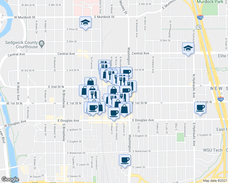 map of restaurants, bars, coffee shops, grocery stores, and more near 239 Rock Island North in Wichita