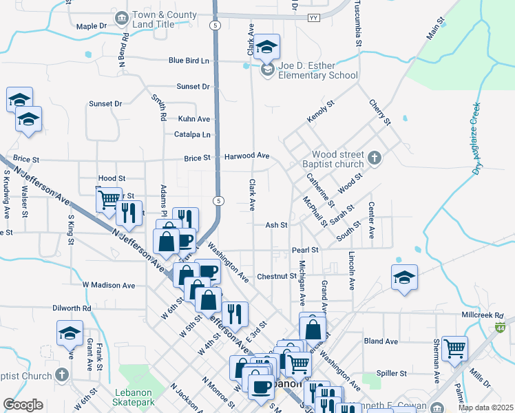 map of restaurants, bars, coffee shops, grocery stores, and more near 608 Clark Avenue in Lebanon