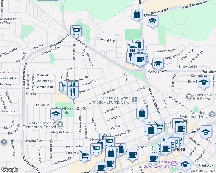 map of restaurants, bars, coffee shops, grocery stores, and more near 860 North O Street in Livermore