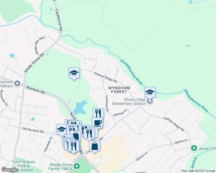map of restaurants, bars, coffee shops, grocery stores, and more near 12005 Simsbury Court in Glen Allen