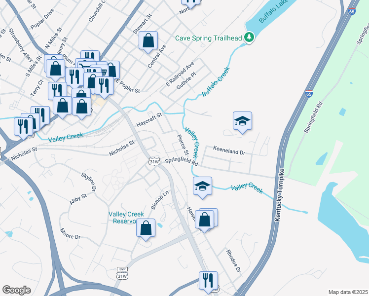map of restaurants, bars, coffee shops, grocery stores, and more near 198 N Crestwood St in Elizabethtown