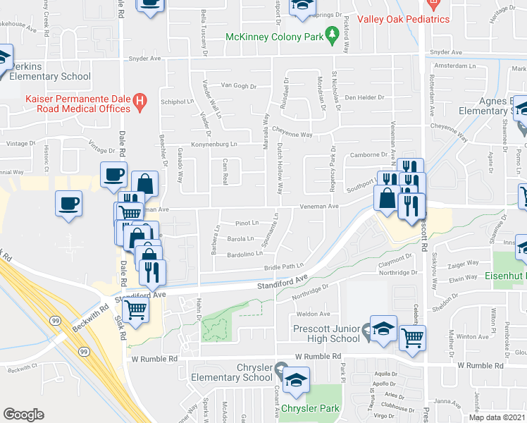 map of restaurants, bars, coffee shops, grocery stores, and more near 2501 Pinot Lane in Modesto