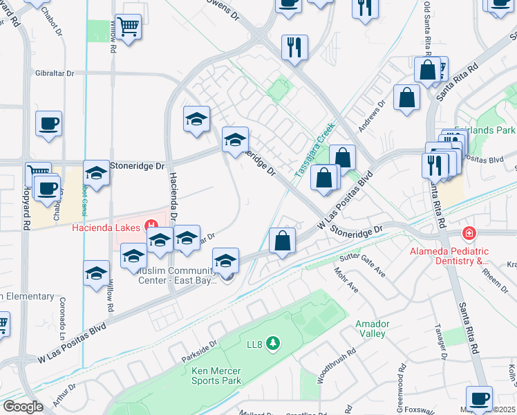 map of restaurants, bars, coffee shops, grocery stores, and more near 5669 Gibraltar Drive in Pleasanton