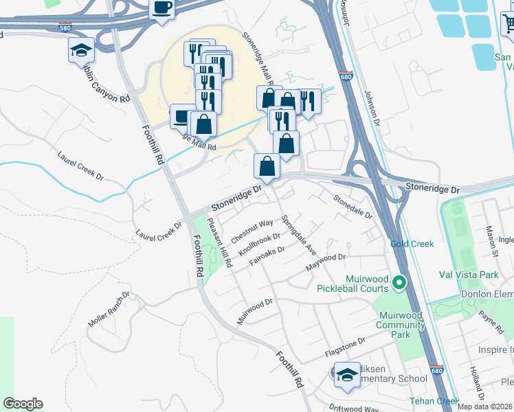map of restaurants, bars, coffee shops, grocery stores, and more near 7754 Creekside Drive in Pleasanton