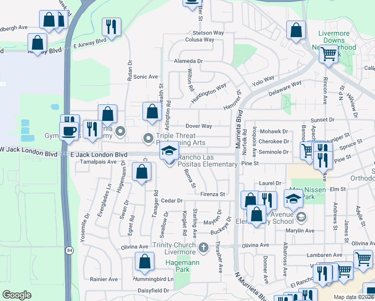 map of restaurants, bars, coffee shops, grocery stores, and more near 477 Brighton Way in Livermore