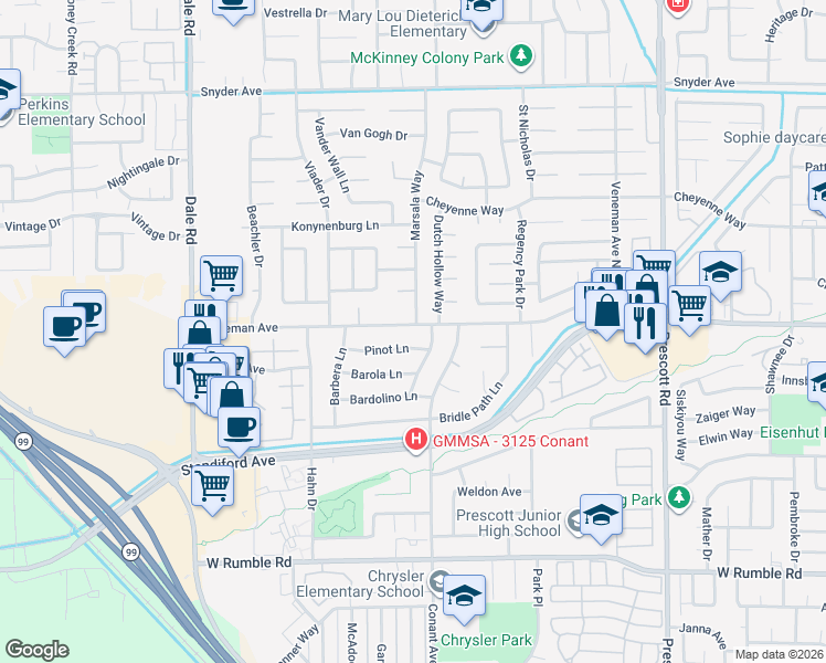 map of restaurants, bars, coffee shops, grocery stores, and more near 2501 Pinot Lane in Modesto