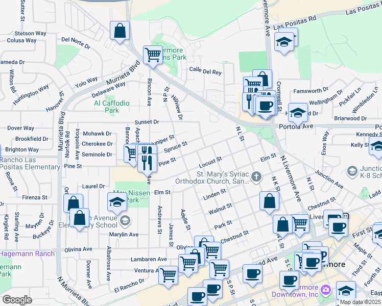 map of restaurants, bars, coffee shops, grocery stores, and more near 1625 Pine Street in Livermore