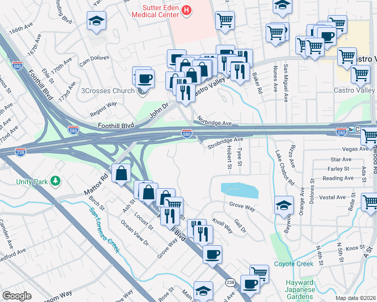map of restaurants, bars, coffee shops, grocery stores, and more near 21062 Gary Drive in Hayward
