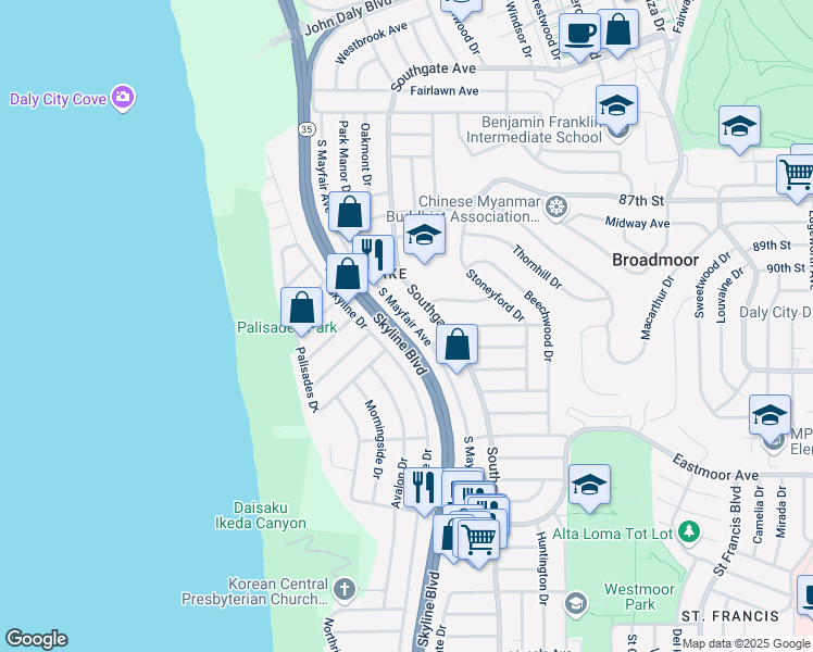 map of restaurants, bars, coffee shops, grocery stores, and more near 1286 South Mayfair Avenue in Daly City