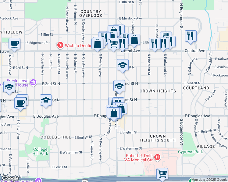 map of restaurants, bars, coffee shops, grocery stores, and more near in Wichita