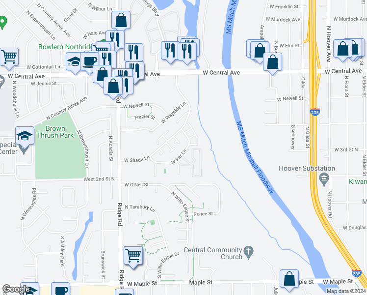 map of restaurants, bars, coffee shops, grocery stores, and more near 6728 West Par Lane in Wichita