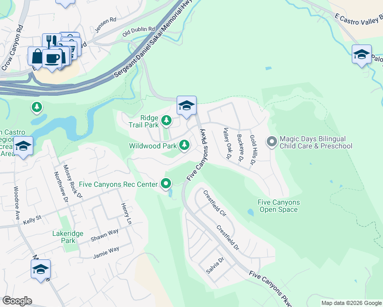 map of restaurants, bars, coffee shops, grocery stores, and more near 23129 Canyon Terrace Drive in Castro Valley