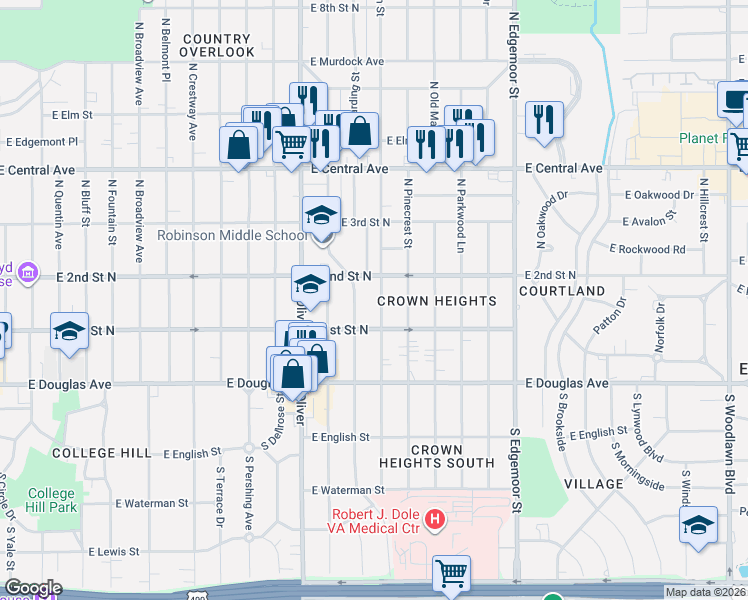 map of restaurants, bars, coffee shops, grocery stores, and more near 218 North Bleckley Drive in Wichita