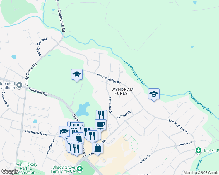 map of restaurants, bars, coffee shops, grocery stores, and more near 12009 Simsbury Court in Glen Allen