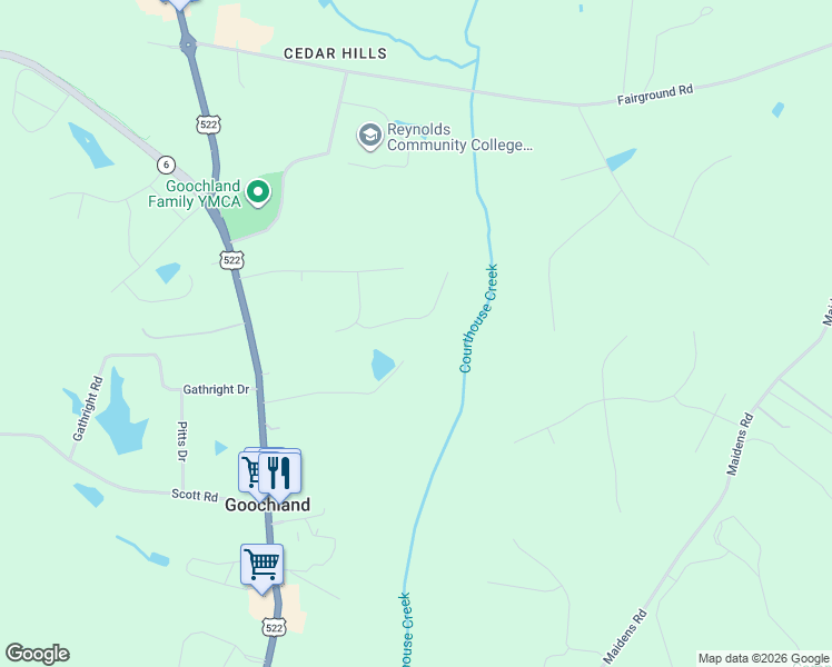 map of restaurants, bars, coffee shops, grocery stores, and more near 907 Newsome Court in Goochland
