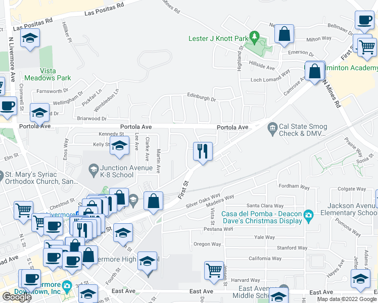 map of restaurants, bars, coffee shops, grocery stores, and more near 3507 Murphy Street in Livermore