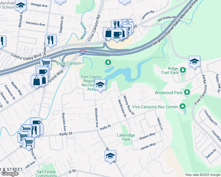 map of restaurants, bars, coffee shops, grocery stores, and more near 3242 Monika Lane in Hayward