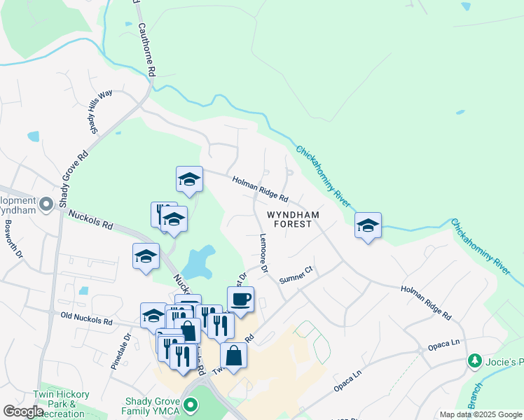 map of restaurants, bars, coffee shops, grocery stores, and more near 12009 Simsbury Court in Glen Allen