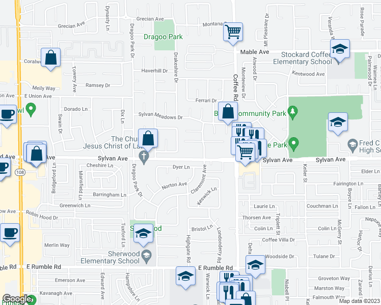 map of restaurants, bars, coffee shops, grocery stores, and more near 1005 Sylvan Avenue in Modesto
