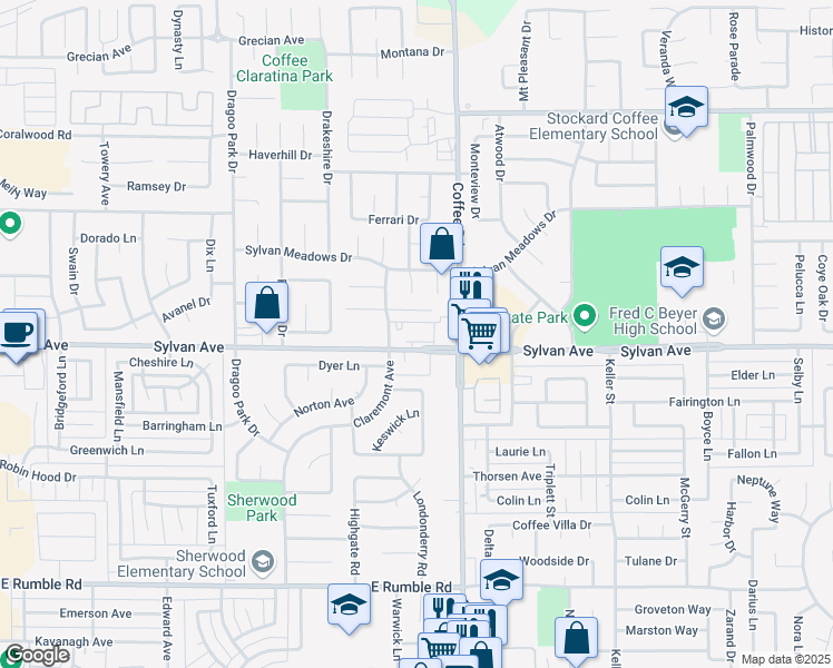 map of restaurants, bars, coffee shops, grocery stores, and more near in Modesto